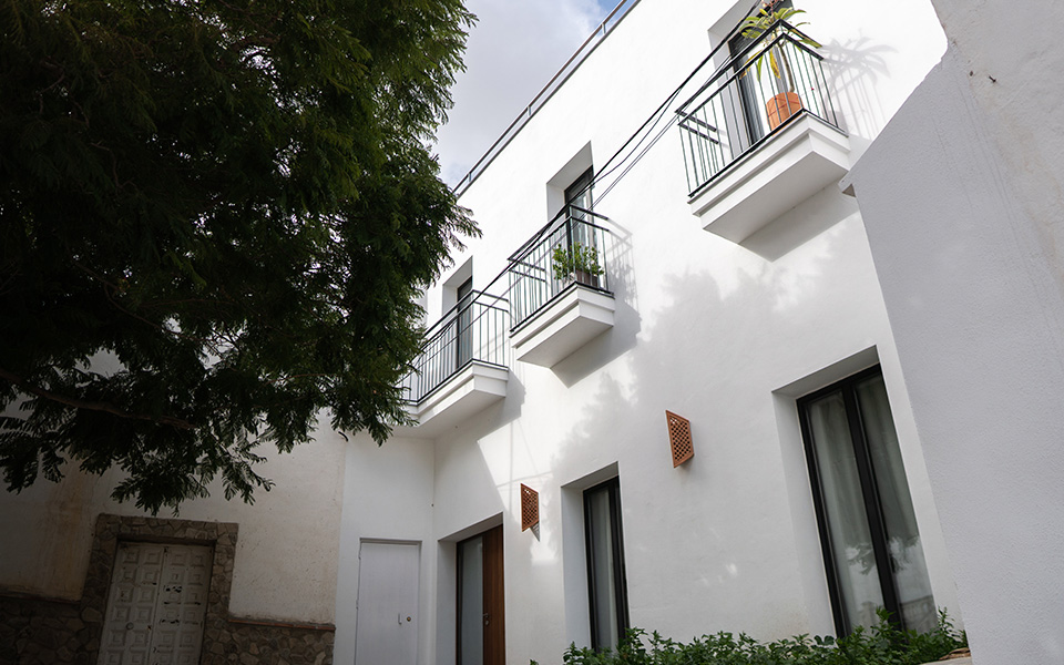 Patio interior de cada mediterránea con árbol majestuoso