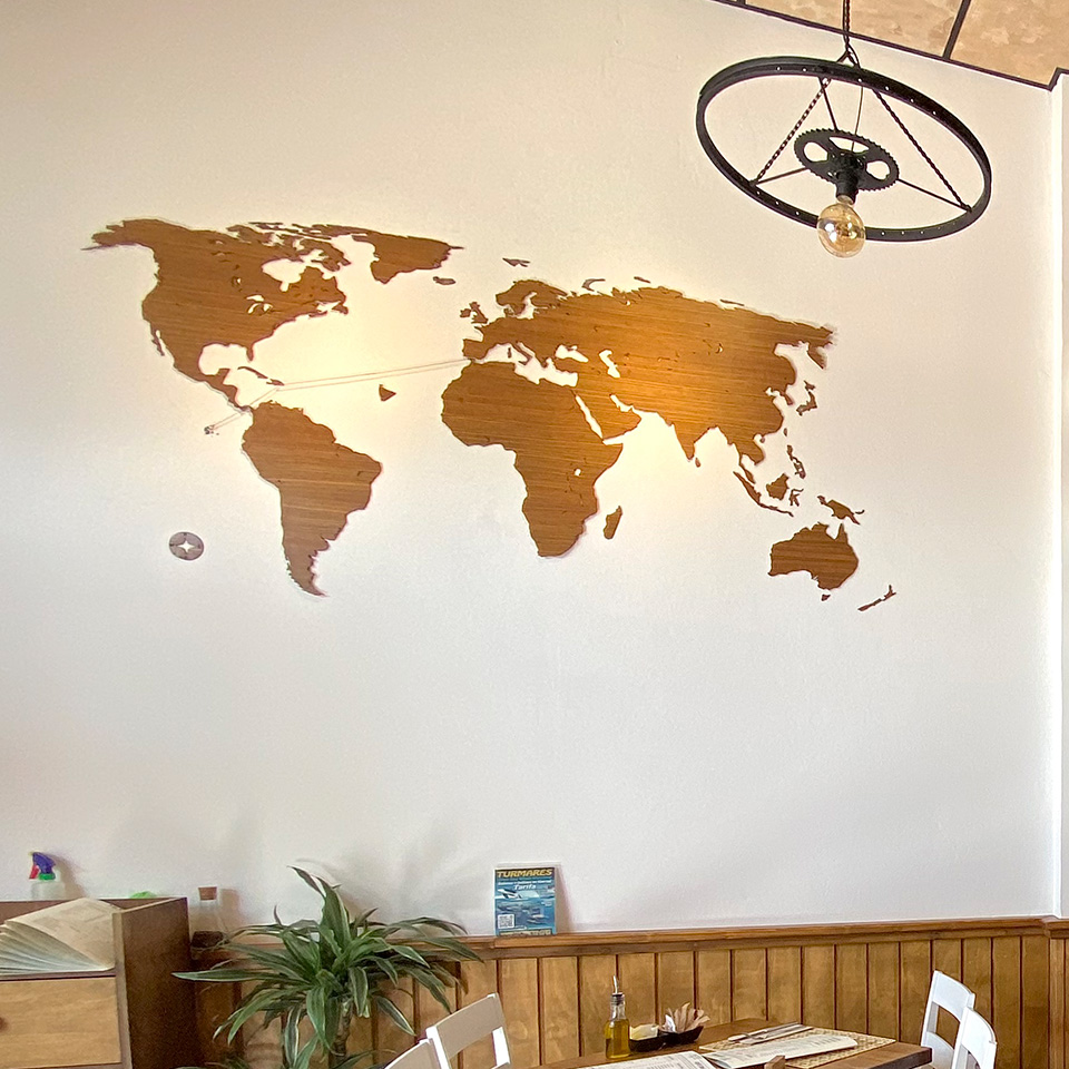 Wooden world map on wall