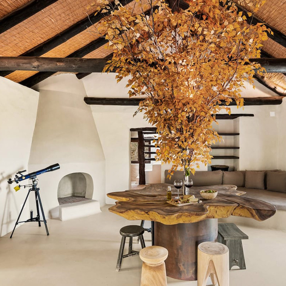 Salón con mesa de madera con árbol en medio y chimenea